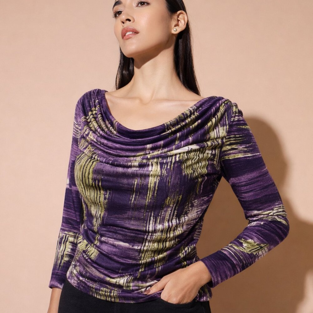 ✨ Melanie Lyne Cowl Neck Top ✨ Abstract Purple Blouse ✨ Long Sleeve ✨ Size L ✨